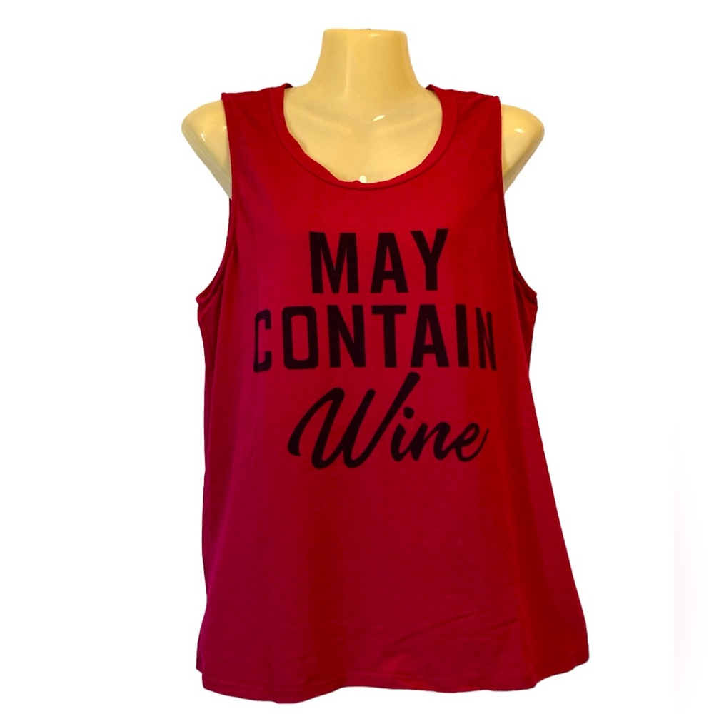 May Contain Wine Graphic Tank Top Maroon Black Letters Party Tailgating Fun Lrg